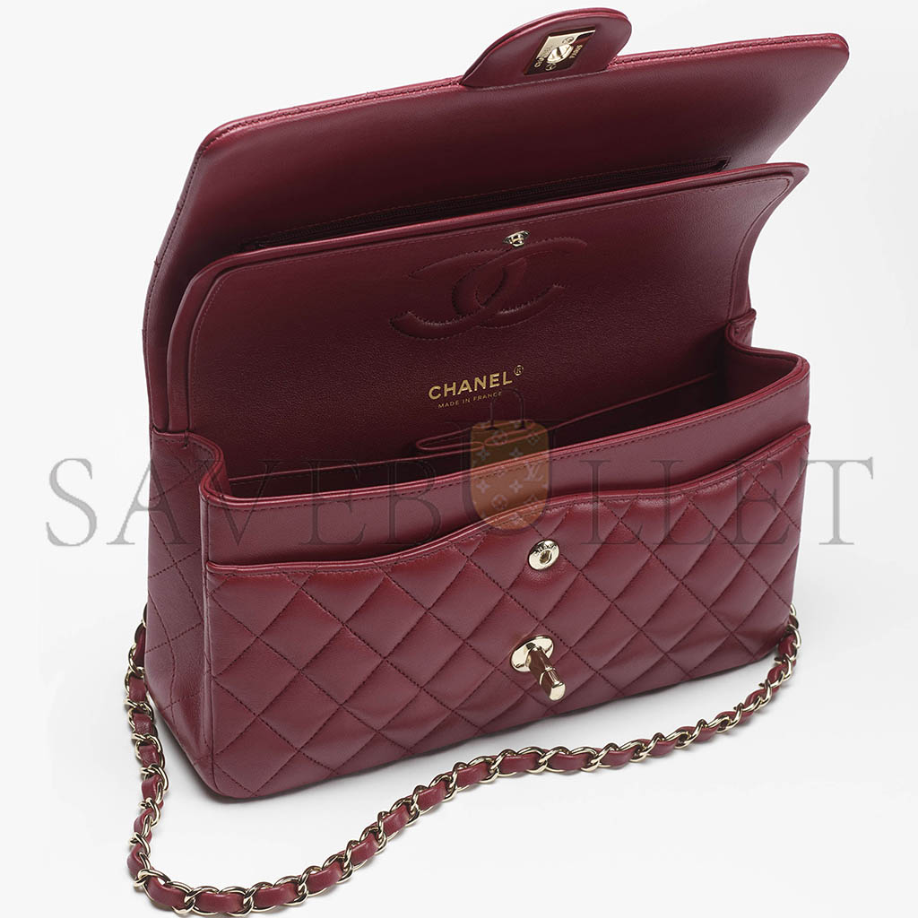 CHANEL CLASSIC 11.12 HANDBAG LAMBSKIN & GOLD-TONE METAL BURGUNDY A01112 (25.5*15.5*6.5cm)